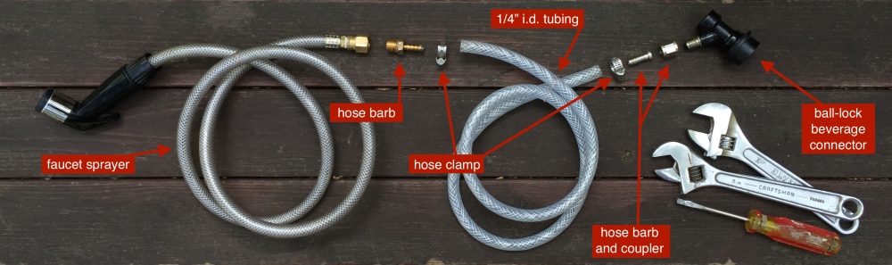 click to zoom. faucet sprayer, hose barb, hose clamps, tubing, and ball-lock connector.